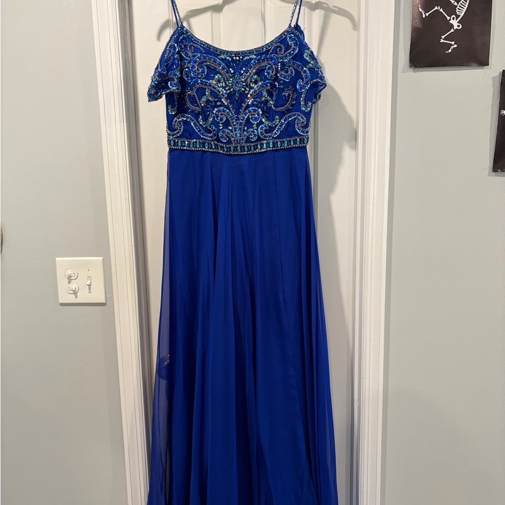 Beaded Royal Blue Cold Shoulder Maxi Dress